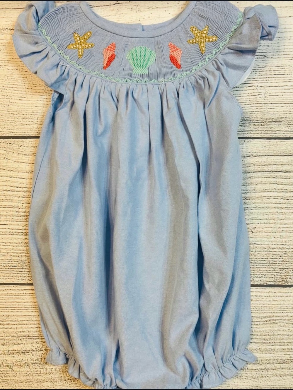 Light Blue Toddler Girls' Shell-Embroidered Ruffle Bubble Romper
